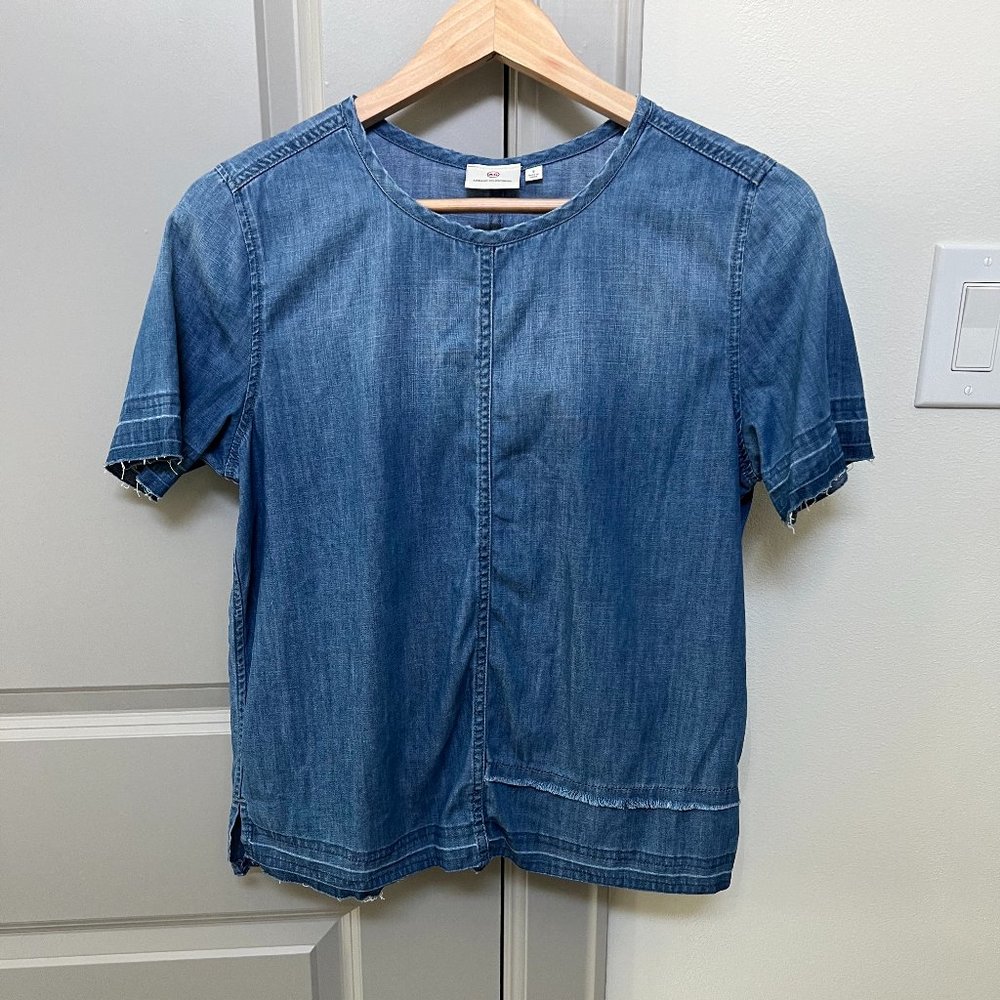 AG Adriano Goldschmied Chambray Denim Tee — Raw Hem Short Sleeve Top, Sz S